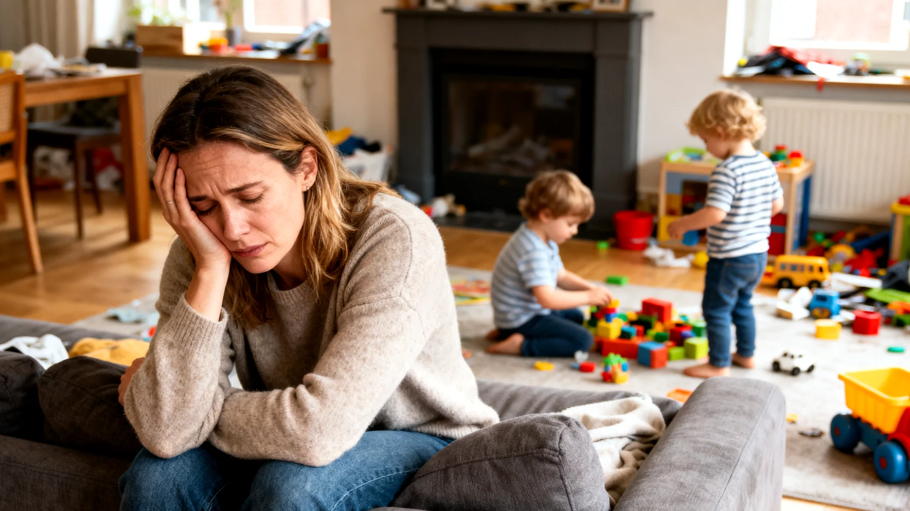 Een moeder van jonge kinderen die worstelt met chronische vermoeidheid en een gebrek aan tijd, waardoor zij zich overweldigd voelt en moeite heeft om kwaliteitsvolle momenten met haar kinderen te creëren en geduldig te blijven in de dagelijkse opvoeding"