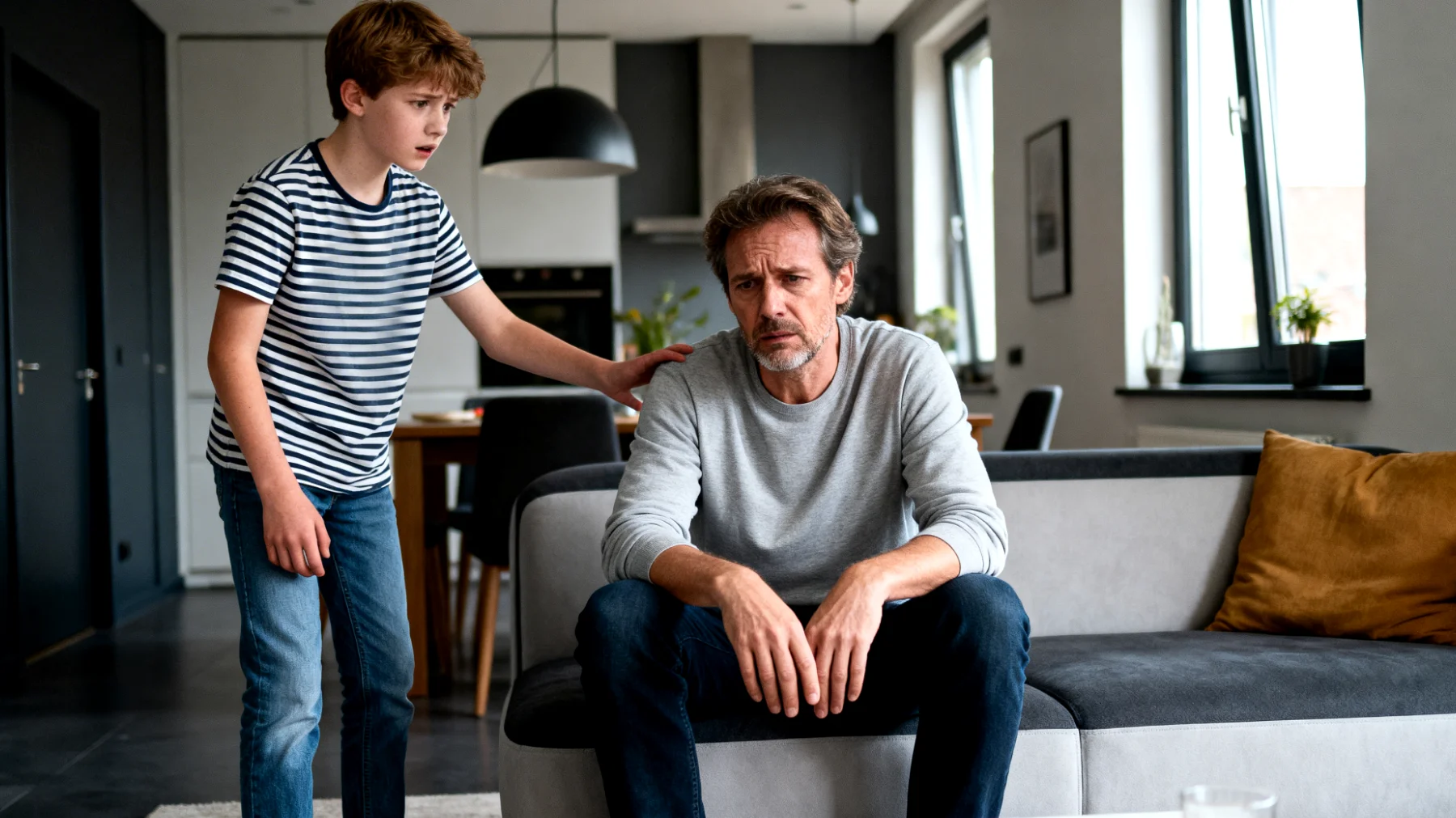 Vader worstelt met de overmatige afhankelijkheid van zijn adolescent kind, dat moeite heeft met zelfstandigheid en voortdurend steun, bevestiging of aanwezigheid nodig heeft"